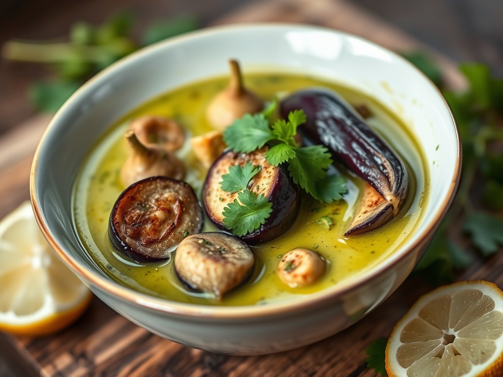 Vegetarische Thaise groene curry met Thaise aubergines, AI-gegenereerde illustratie