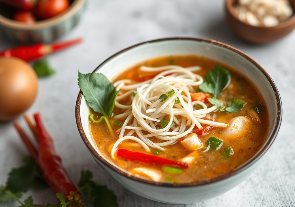 Vegetarische Thaise Tom Yam soep — AI-gegenereerde illustratie