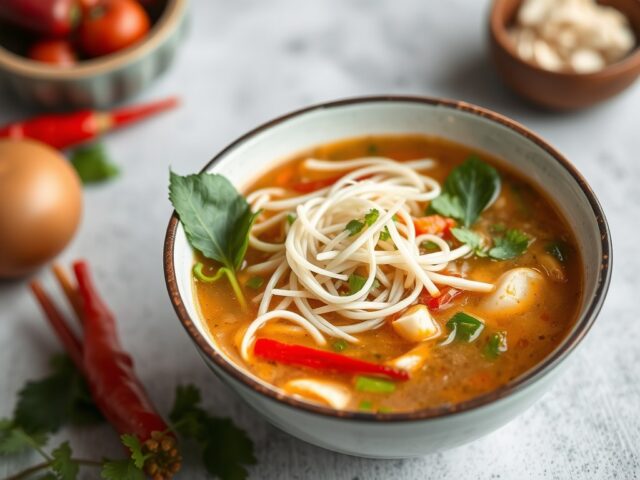 Vegetarische Thaise Tom Yam soep — AI-gegenereerde illustratie