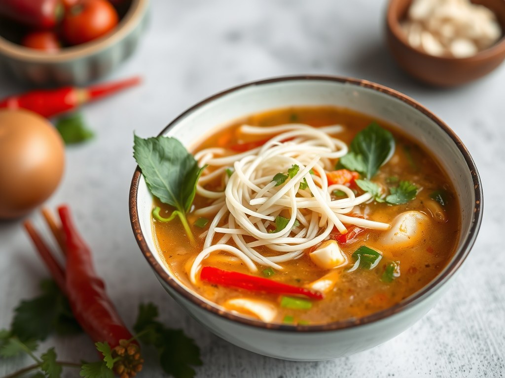 Vegetarische Thaise Tom Yam soep, AI-gegenereerde illustratie