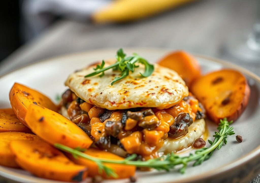 Veggie Parmentier met zoete aardappelen en geroosterde wintergroenten — AI-gegenereerde illustratie