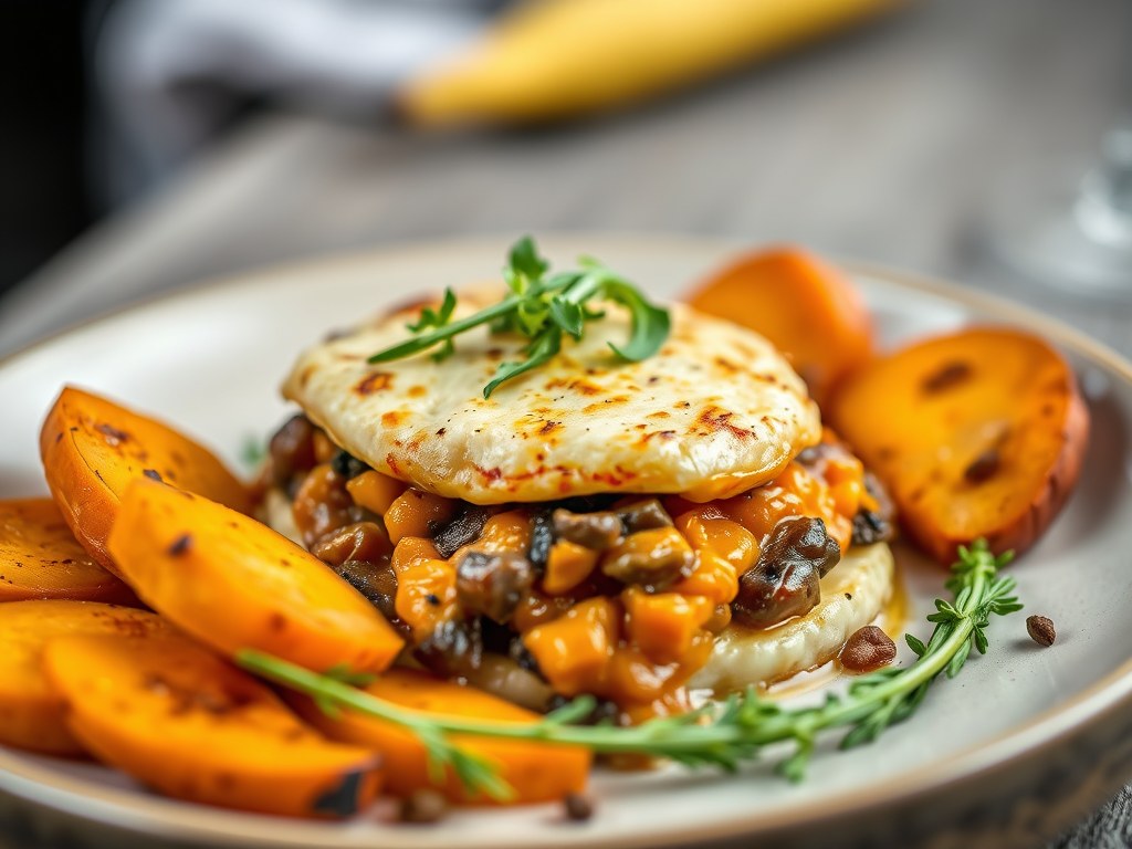 Veggie Parmentier met zoete aardappelen en geroosterde wintergroenten, AI-gegenereerde illustratie