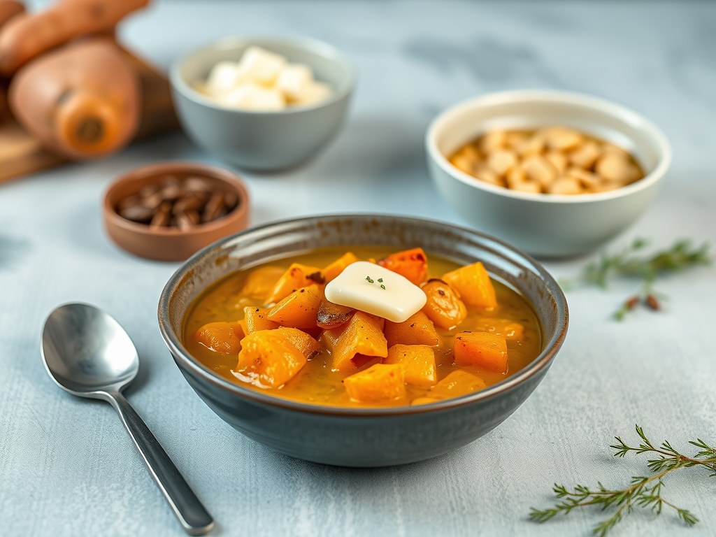 Veloutésoepje van zoete aardappel met sint-jakobsvruchten, AI-gegenereerde illustratie
