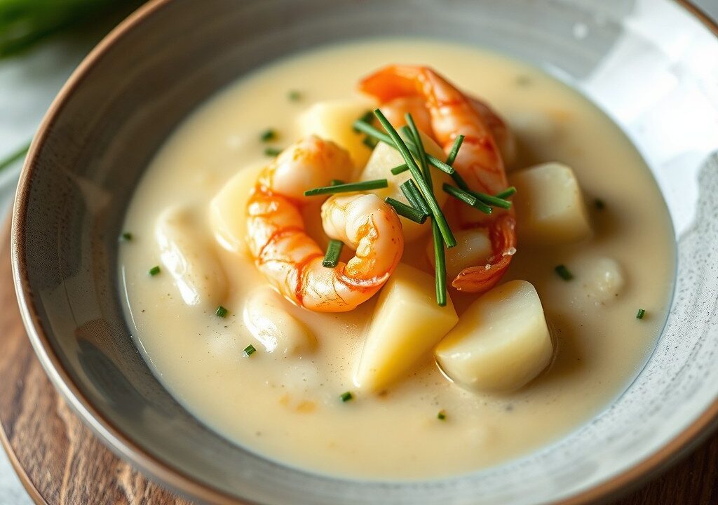 Velouté van asperges met salsa van grijze garnalen — AI-gegenereerde illustratie