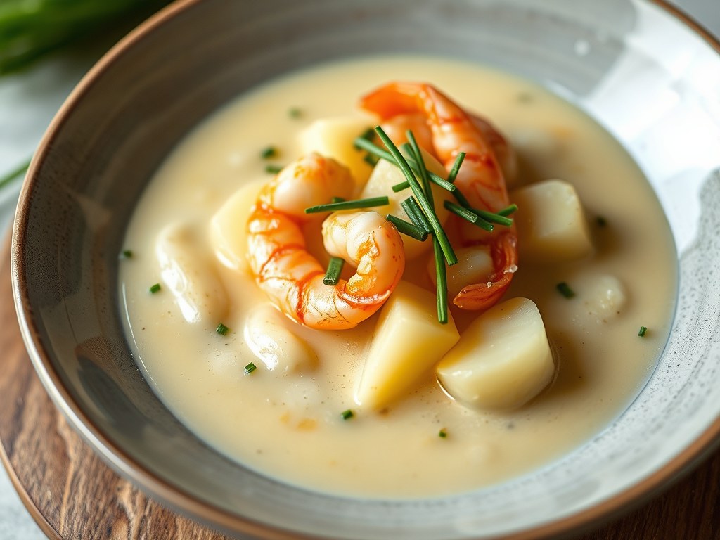 Velouté van asperges met salsa van grijze garnalen, AI-gegenereerde illustratie