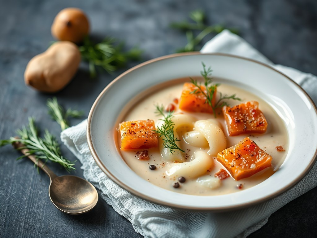Venkelsoep met rauwe zalm, pancetta en dille, AI-gegenereerde illustratie