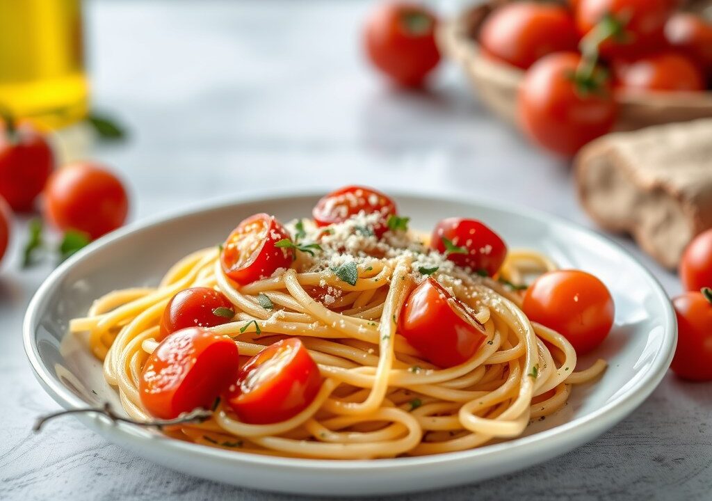 Venusschelpen met linguini, tomaat en kappertjes, AI-gegenereerde illustratie