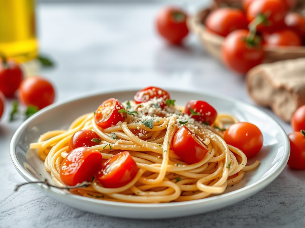 Venusschelpen met linguini, tomaat en kappertjes, AI-gegenereerde illustratie