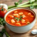 Vers gemaakte hollandse tomatengroente soep