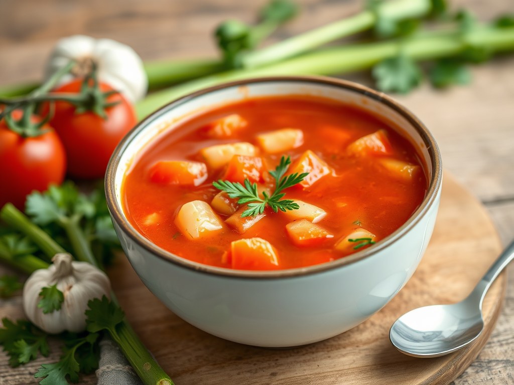 Vers gemaakte hollandse tomatengroente soep, AI-gegenereerde illustratie