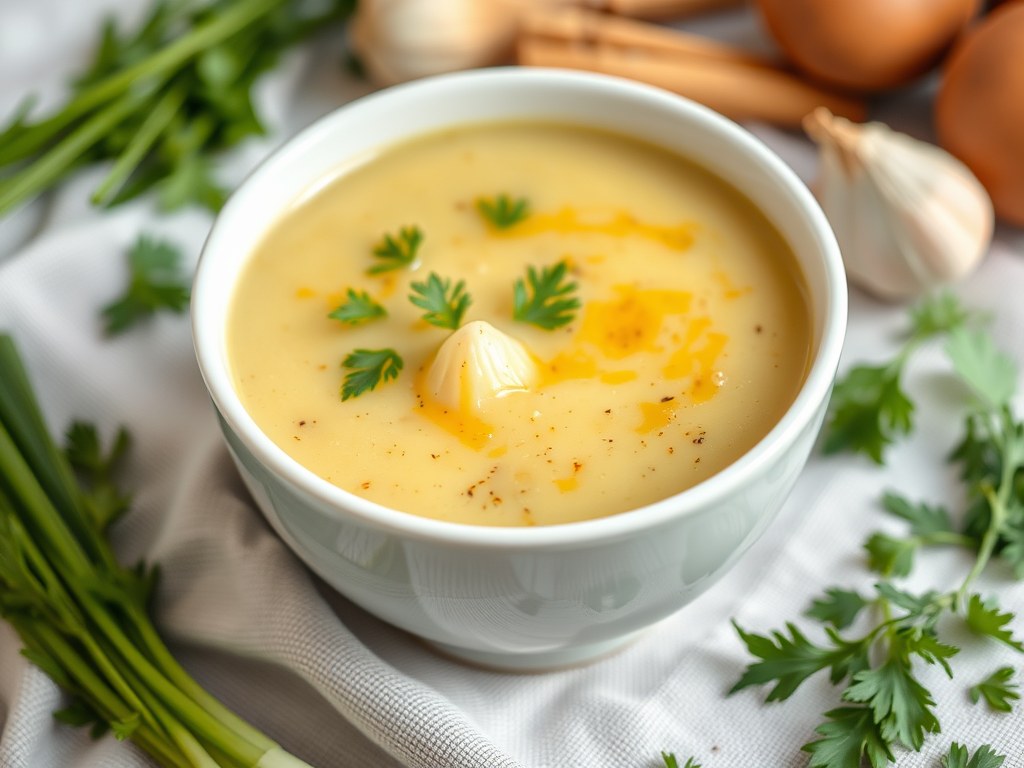 Verse groenten aardappelsoep, AI-gegenereerde illustratie