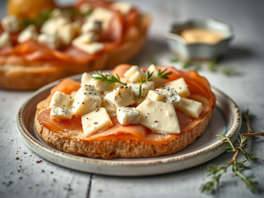Vijg met gorgonzola en Ganda-ham, AI-gegenereerde illustratie