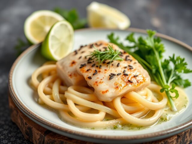 Visfilets met prei en look — AI-gegenereerde illustratie