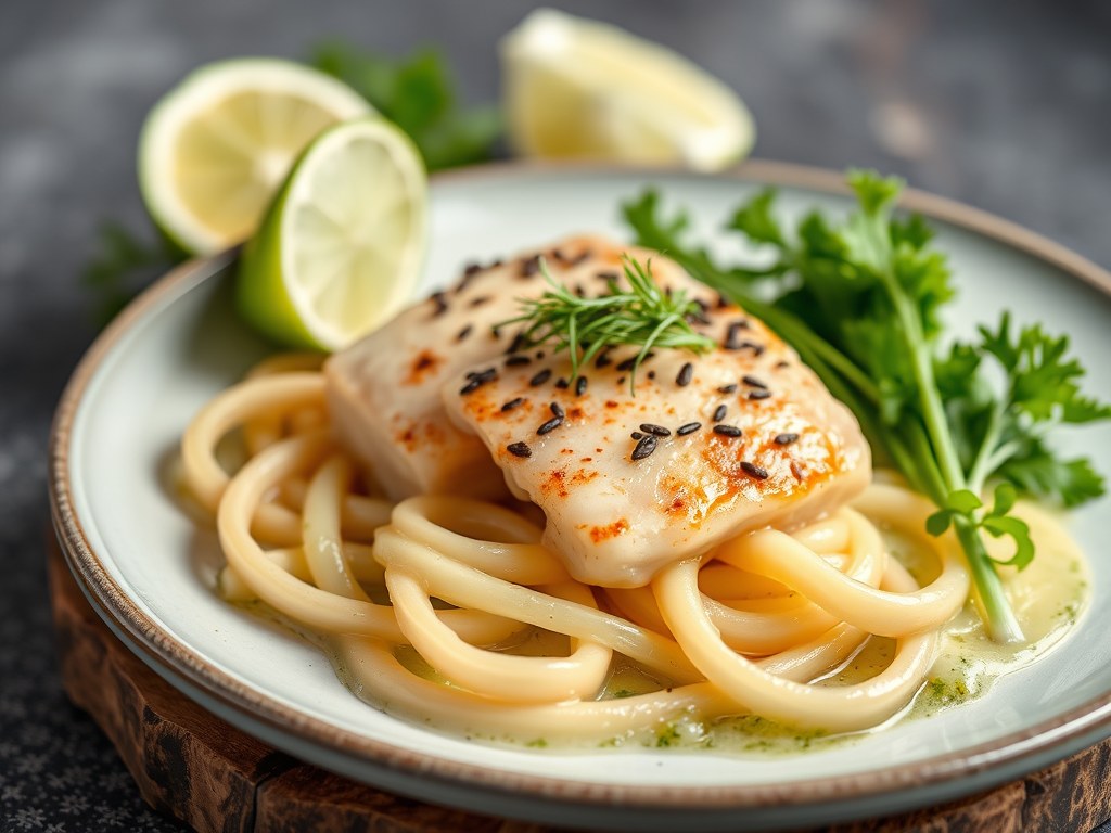 Visfilets met prei en look, AI-gegenereerde illustratie