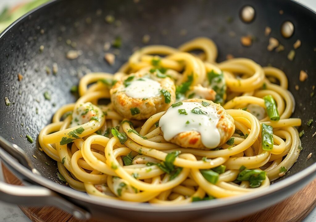 Visfilets met prei en pesto, AI-gegenereerde illustratie