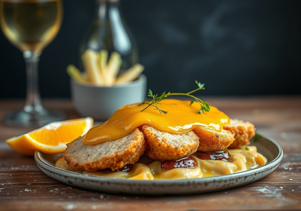 Visfilets met witloof en sinaasappelsaus — AI-gegenereerde illustratie