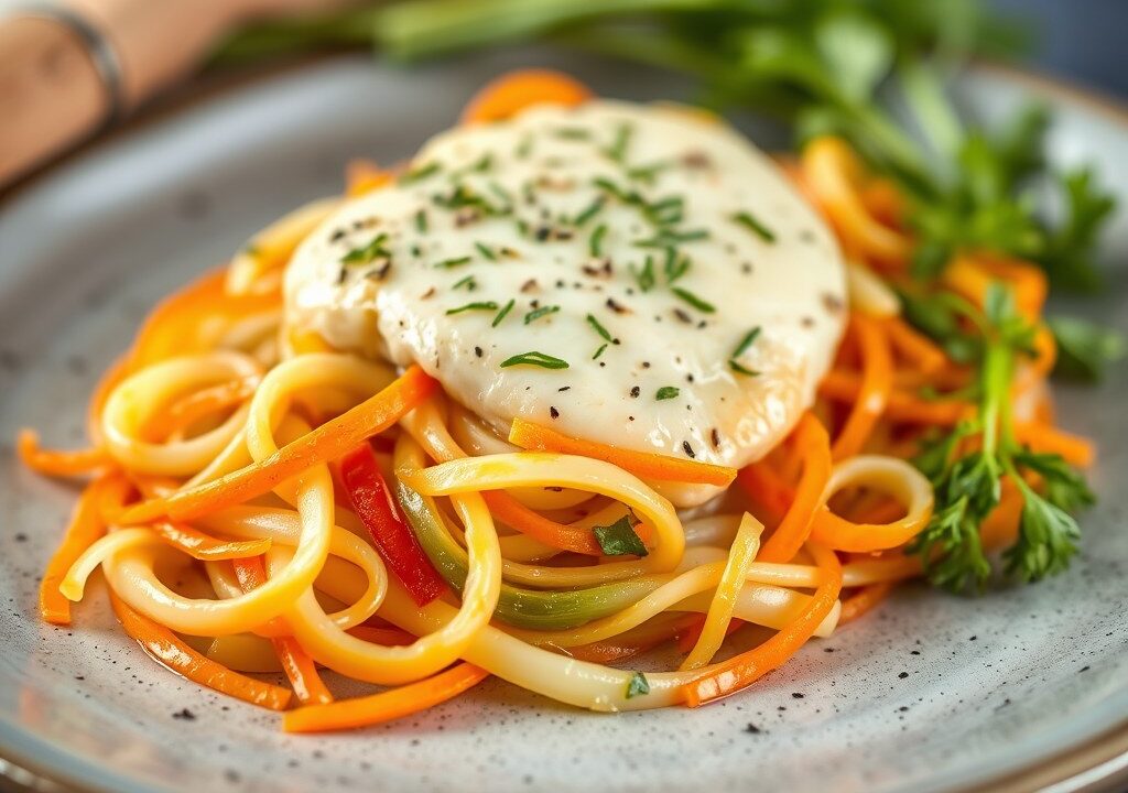 Vispakketje uit de oven met groente julienne, AI-gegenereerde illustratie