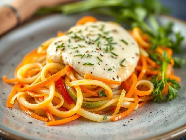 Vispakketje uit de oven met groente julienne — AI-gegenereerde illustratie