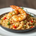 Vispannetje van garnalen en zalm met wilde rijst