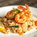 Vispannetje van garnalen en zalm met wilde rijst
