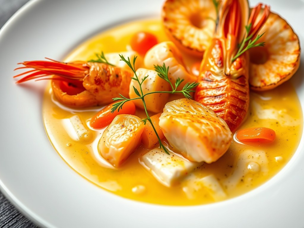 Vispotje met prei, wortel, gamba’s, zalm en pangasius, AI-gegenereerde illustratie