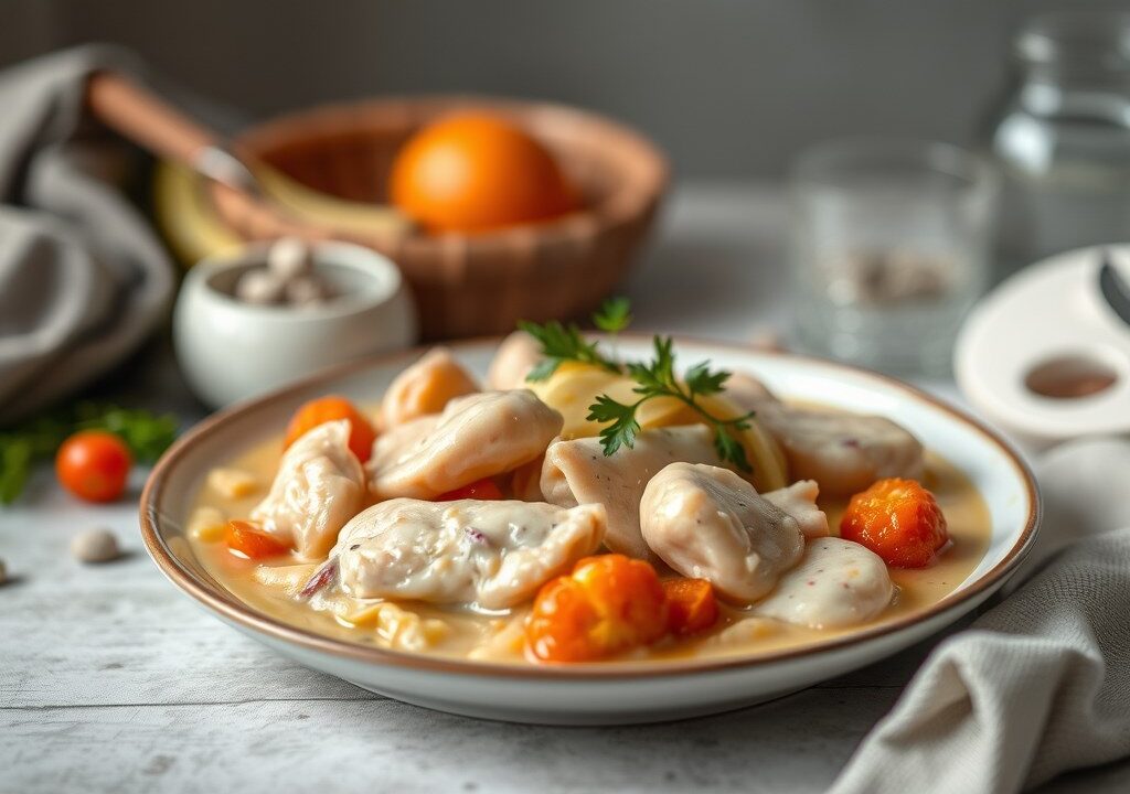 Vlees in yoghurt-mosterdsaus — AI-gegenereerde illustratie