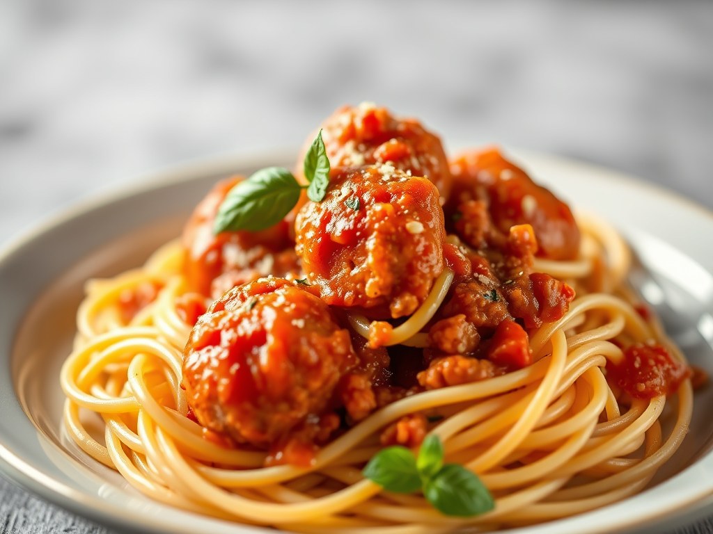 Vleesballetjes met Tomatensaus en Pasta, AI-gegenereerde illustratie
