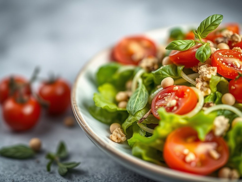 Voedzame salade met rosbief, vijg en pistache, AI-gegenereerde illustratie