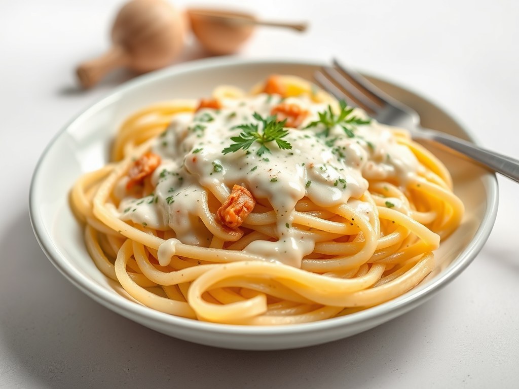Volkoren Pasta met aangepaste Alfredo Saus, AI-gegenereerde illustratie