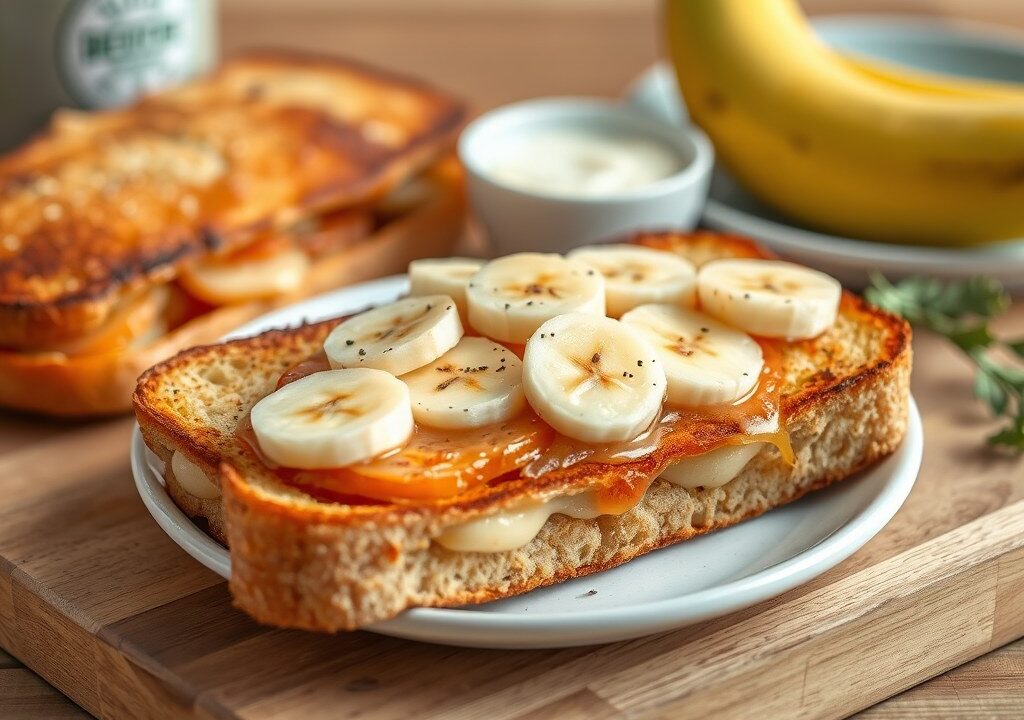 Volkoren tosti met rookvlees en banaan, AI-gegenereerde illustratie