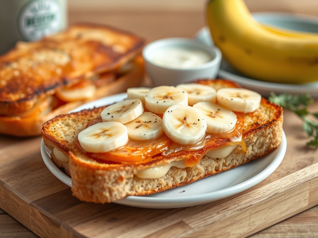 Volkoren tosti met rookvlees en banaan, AI-gegenereerde illustratie