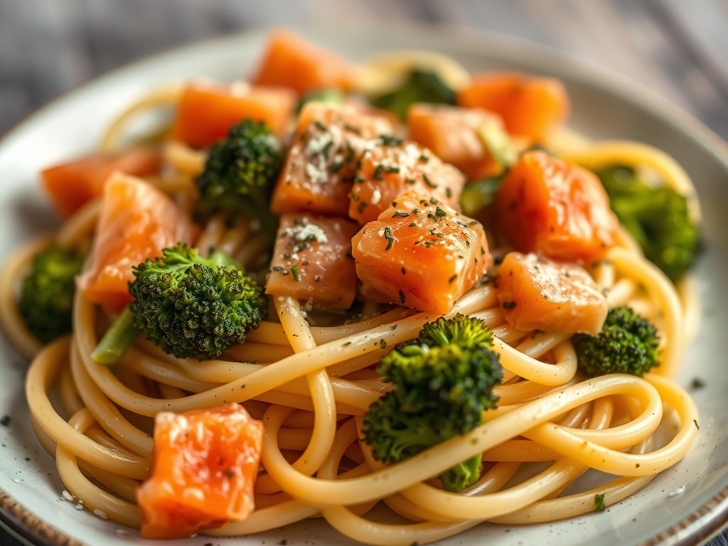 Volkorenpasta met zalm en broccoli, AI-gegenereerde illustratie
