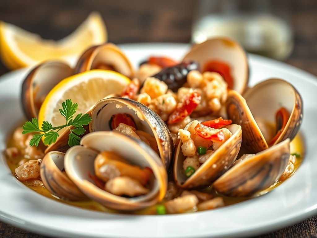 Vongole (=Venus)schelpjes als Voorafje, AI-gegenereerde illustratie