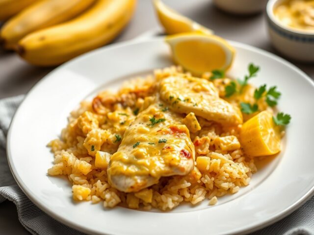 Voorgerechtje met kip, ananas, gember en curryroom — AI-gegenereerde illustratie