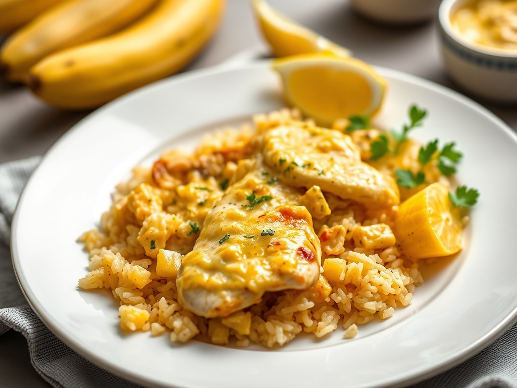 Voorgerechtje met kip, ananas, gember en curryroom, AI-gegenereerde illustratie