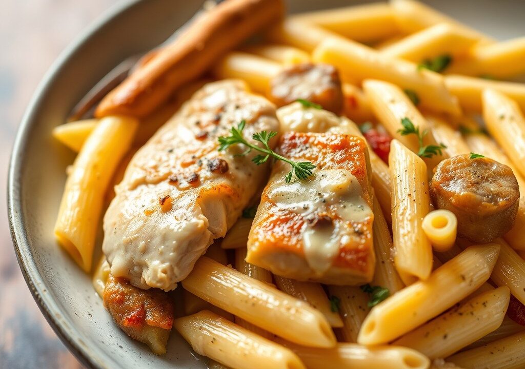 Warm pastaslaatje met kip — AI-gegenereerde illustratie