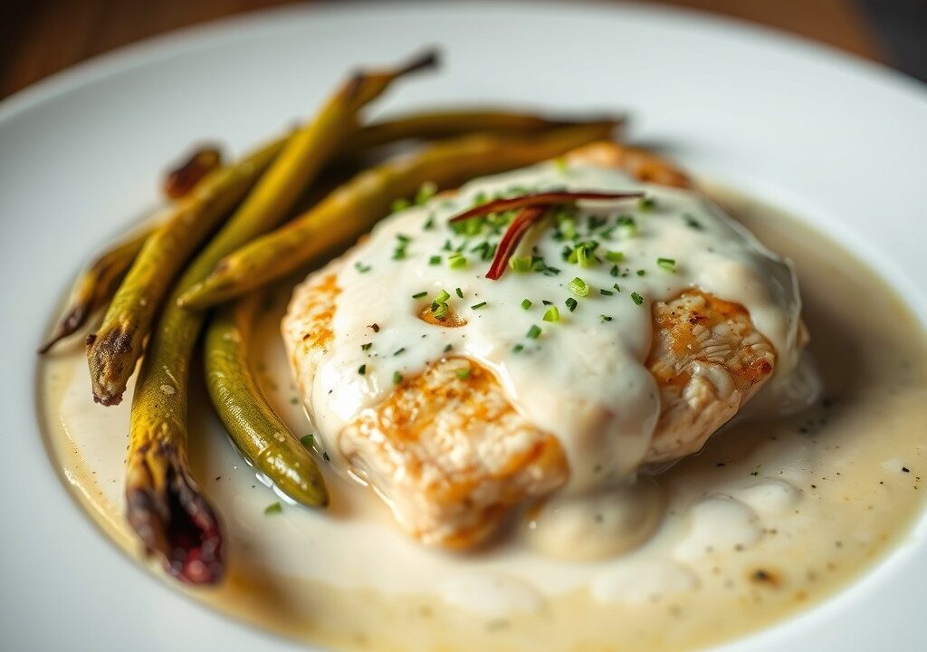 Waterzooi van kipfilet met Mechelse asperges en kervel, AI-gegenereerde illustratie