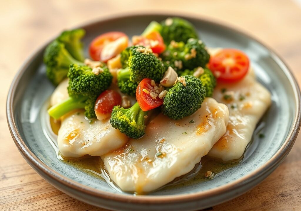 Wijtingfilets met Noordzeegarnaal en broccoli, AI-gegenereerde illustratie