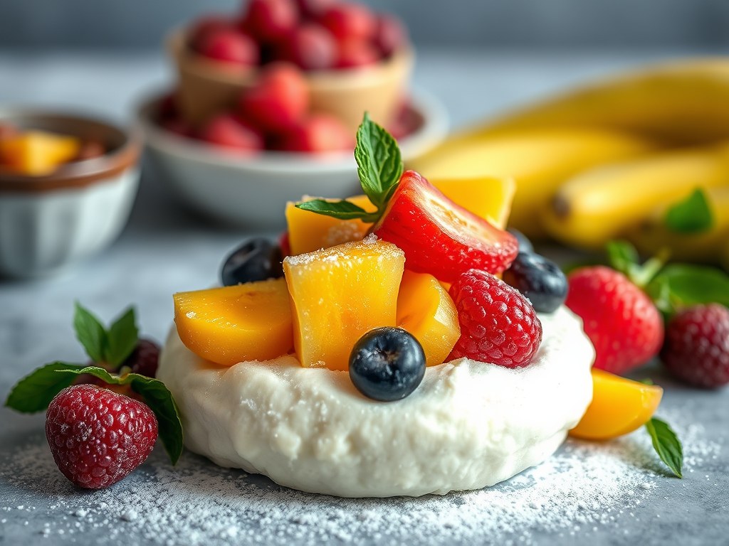 Wit bolletje Leerdammer met zomerfruit, AI-gegenereerde illustratie