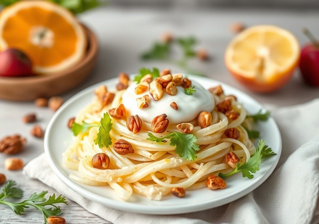 Witlofsalade met noten en magere yoghurt, AI-gegenereerde illustratie