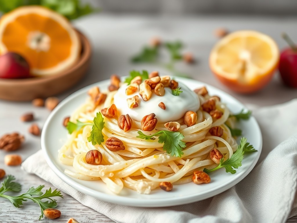 Witlofsalade met noten en magere yoghurt, AI-gegenereerde illustratie