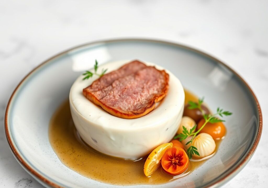 Witloofcrème met gerookte eendenfilet — AI-gegenereerde illustratie