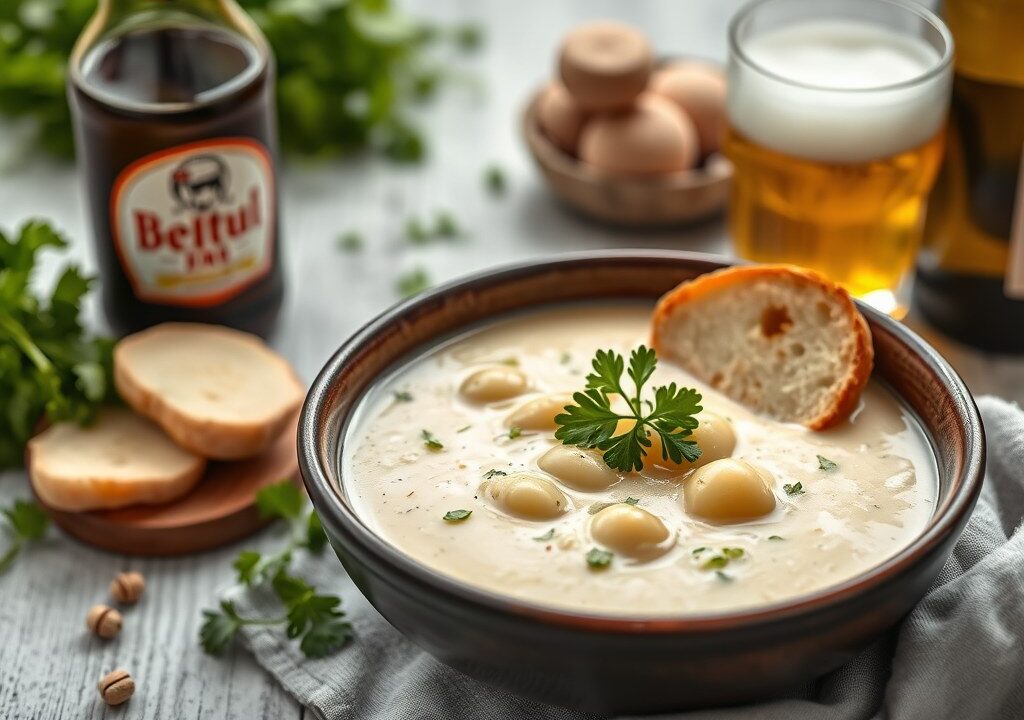Witloofsoep met bier en sint-jakobsnoten — AI-gegenereerde illustratie