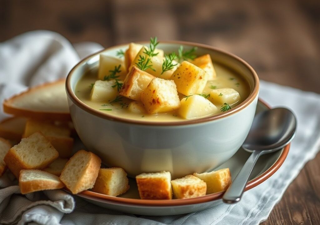 Witloofsoep met croutons — AI-gegenereerde illustratie