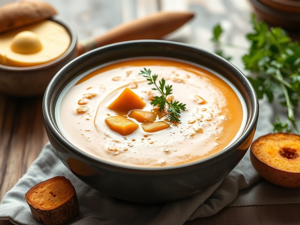 Witloofsoep met zoete aardappel en kokosmelk, AI-gegenereerde illustratie