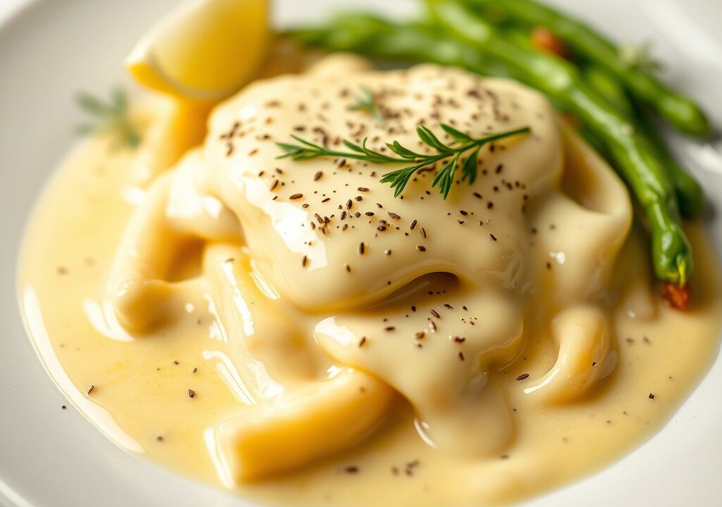 Witte asperges in een Hollandaise saus, AI-gegenereerde illustratie