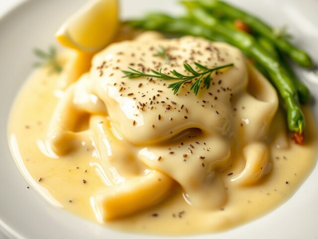 Witte asperges in een Hollandaise saus — AI-gegenereerde illustratie