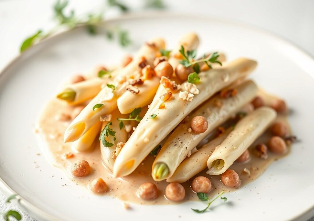 Witte Asperges met een Sinas-Notensaus, AI-gegenereerde illustratie