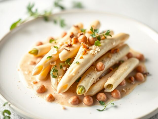 Witte Asperges met een Sinas-Notensaus — AI-gegenereerde illustratie