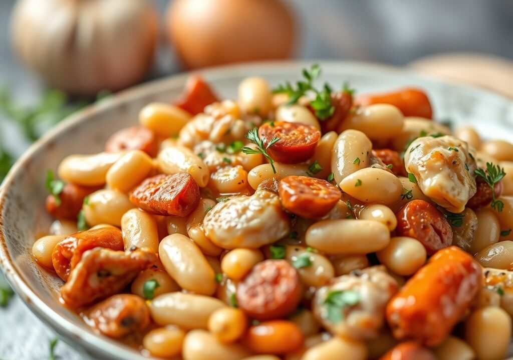 Witte Bonen Casserole met Kip en Chorizo, AI-gegenereerde illustratie